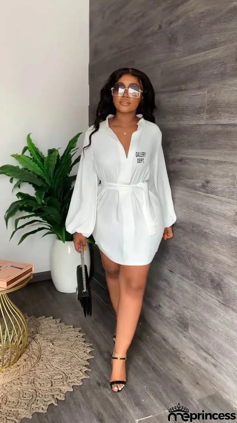 Women Printed V-Neck Casual Puff Sleeve Dress with Belt.