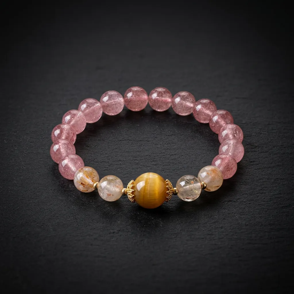JiStones Ethereal Strawberry Quartz & Artisan Gemstone Bracelet Collection Golden Aura: Strawberry Quartz & Tiger Eye