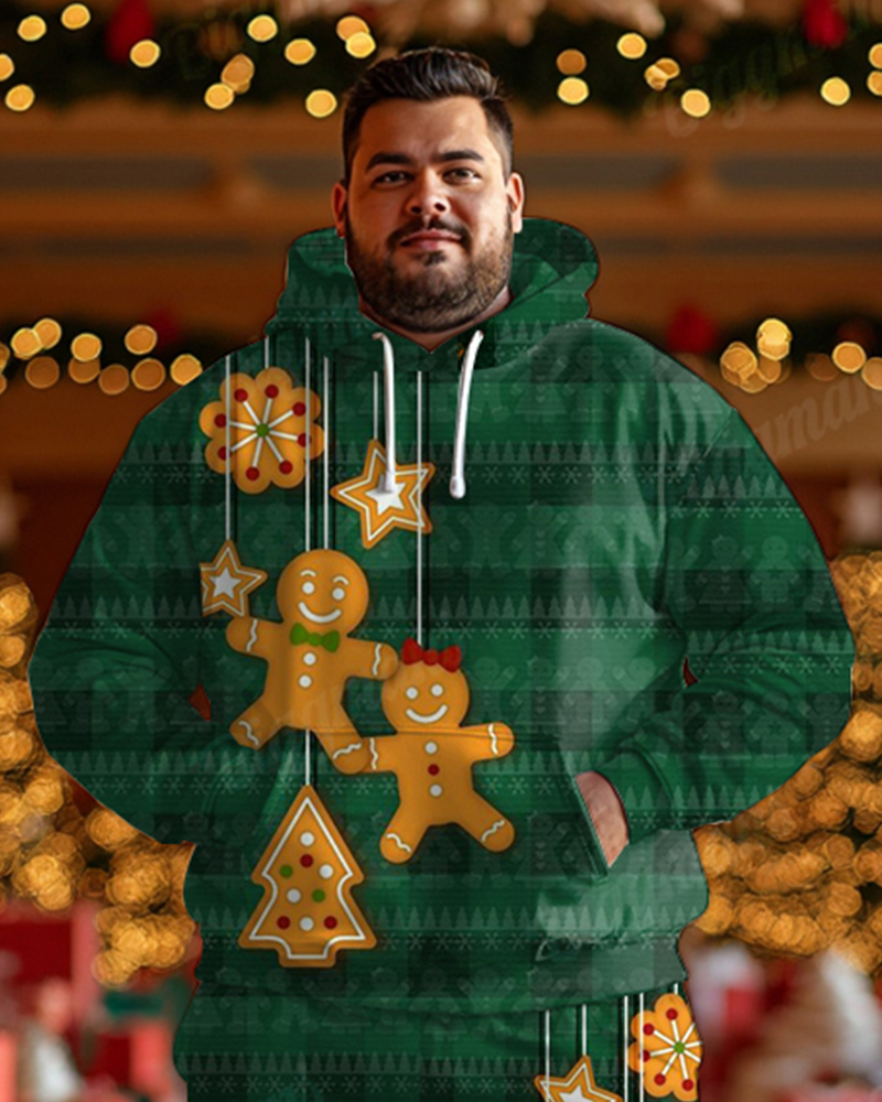 Men's Christmas Green Stripe Gingerbread Man Print Big & Tall Hoodie Set