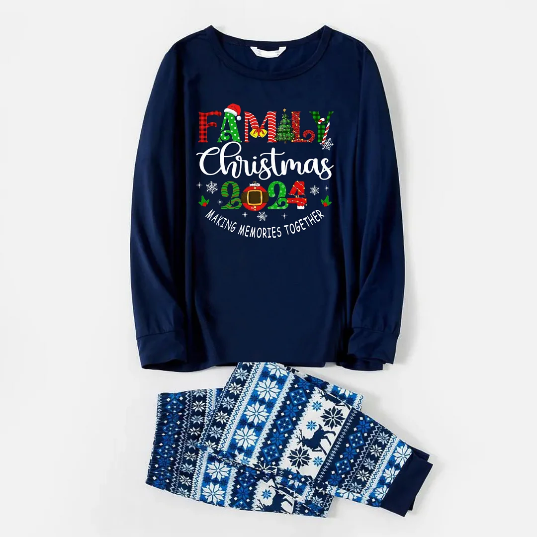 Family 2024 Christmas Pattern Print Blue Family Matching Pajamas