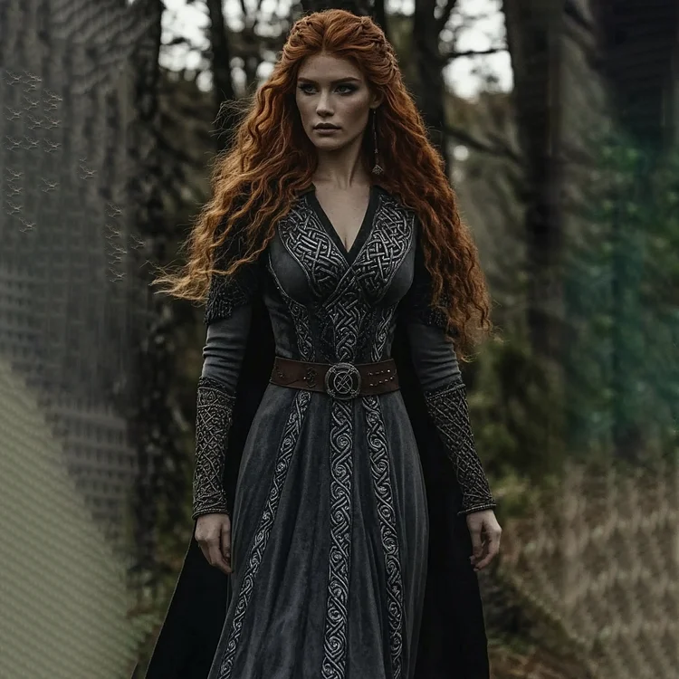 Women&lsquo;s Vintage Viking Celtic Knot V Neck Long Sleeve Mixi Dress