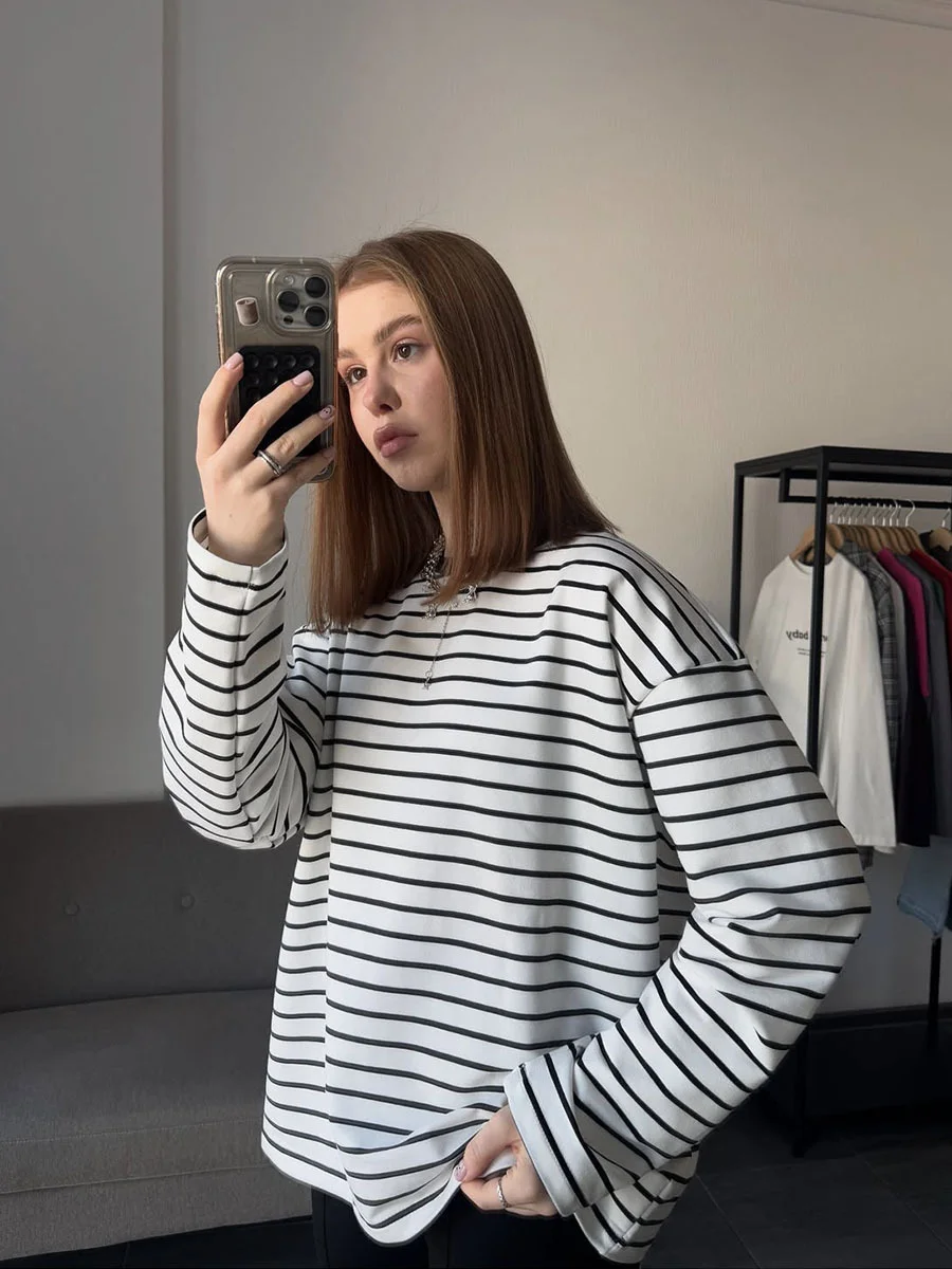 Athvotar Athvotar Spring And Summer New Striped T-Shirt Women Simple Leisure Loose Thin Sleeve Long-Sleeved Top