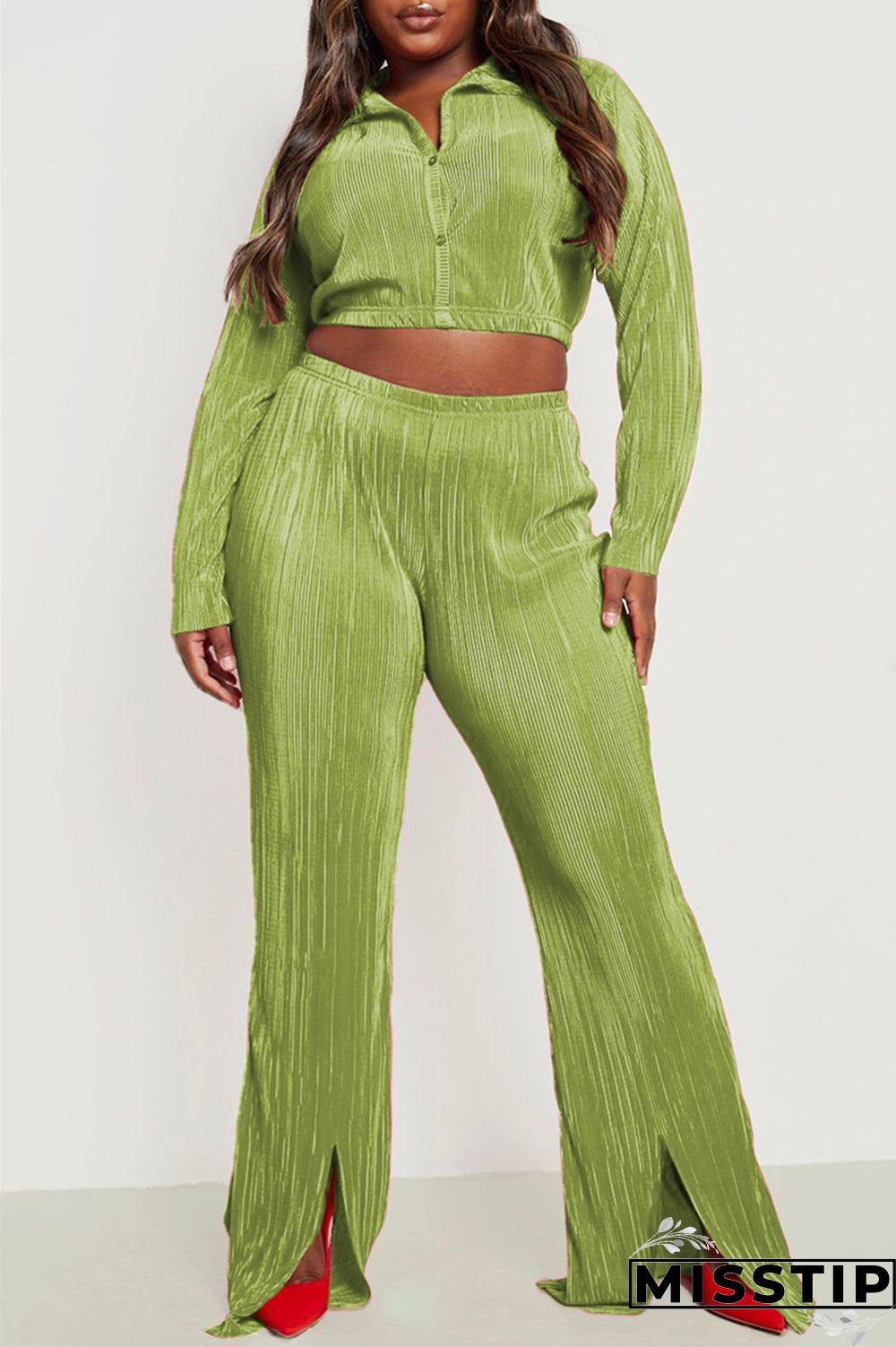 Green Yellow Casual Solid Patchwork Turndown Collar Long Sleeve Two Pieces