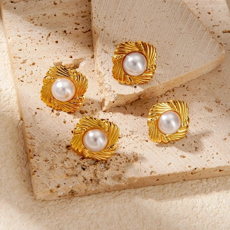 1 Pair Classical Baroque Style Sweet Irregular Geometric Plating Inlay 304 Stainless Steel Pearl 14K Gold Plated Ear Studs