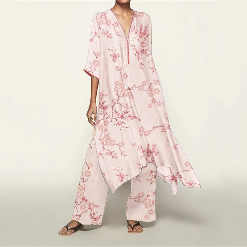 Japanese Cherry Blossom Pattern Flowy Kaftan & Pants Set