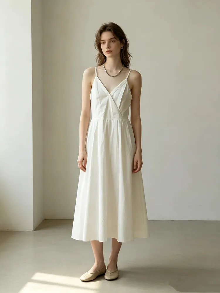 White spaghetti strap V-neck dress