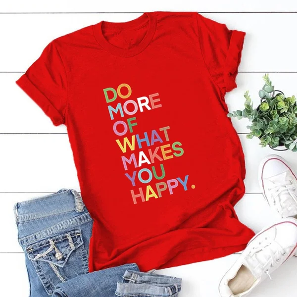 Womens Fun Happy Graphic Tees Summer Cute Letter Printed T-Shirts
