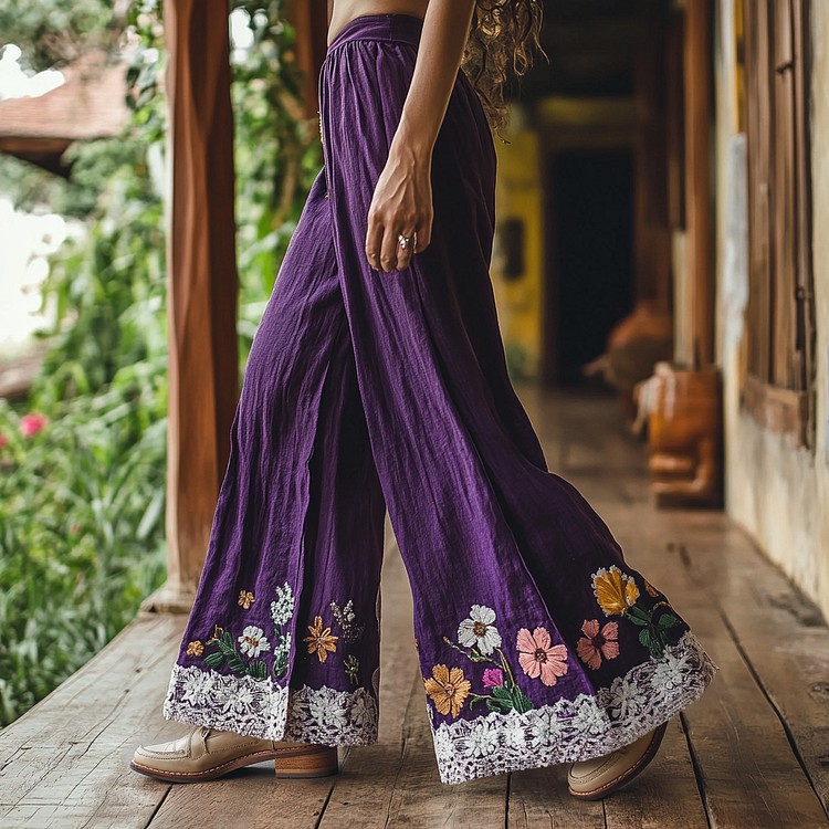 Utbros Retro Boho Floral Embroidery Lace Art Cotton Linen Wide Leg Pants