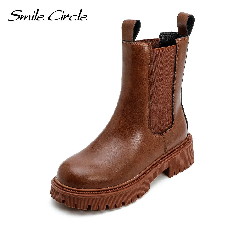 Smile Circle Cow Leather Ankle Boots women Chelsea Boots Casual Fashion Comfortable platform Short Boots Ladies Shoes 2021
