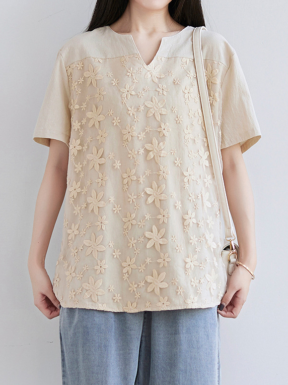 Embroidery V Neck Irregular Hem Short Sleeve Loose Top