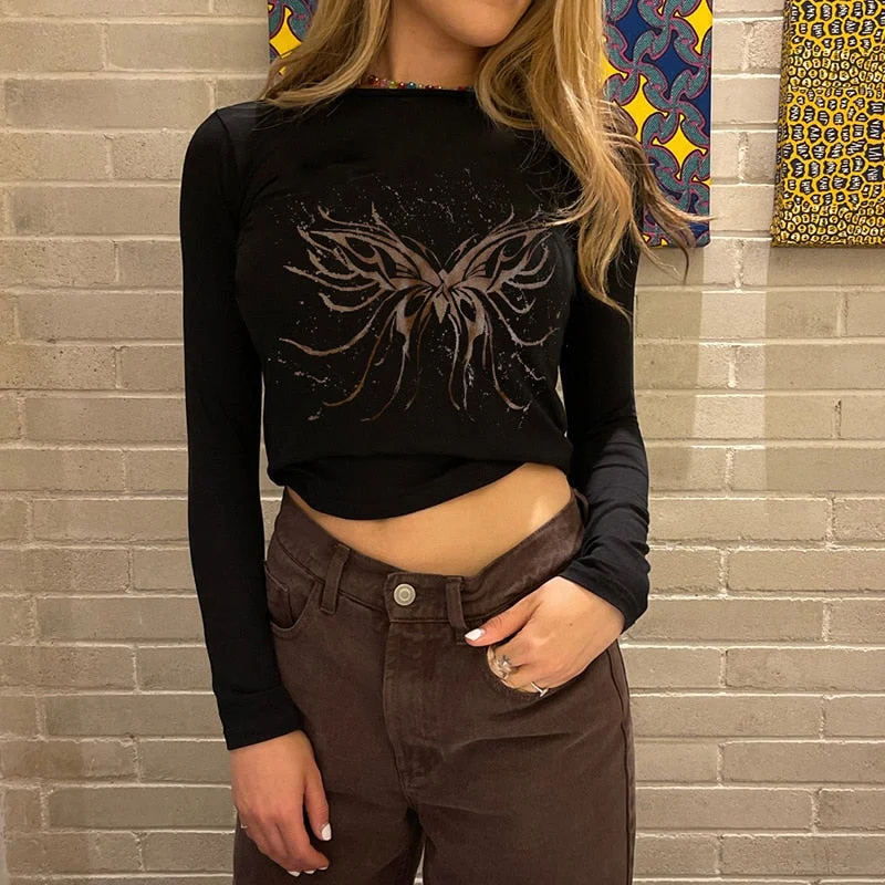 Rapcopter Butterfly y2k Crop Top Black Grunge Long Sleeve T Shirt Kawaii O Neck Retro Pullovers Women Autumn Harajuku Casual Tee