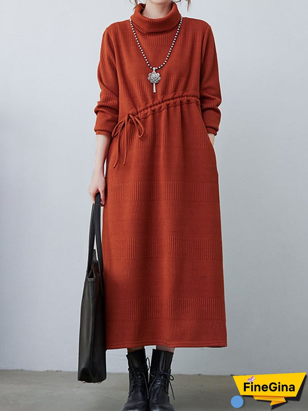 Women's Fall Winter Fashion Knit Layering Drawstring Tie-Waisted Jacquard Dresses