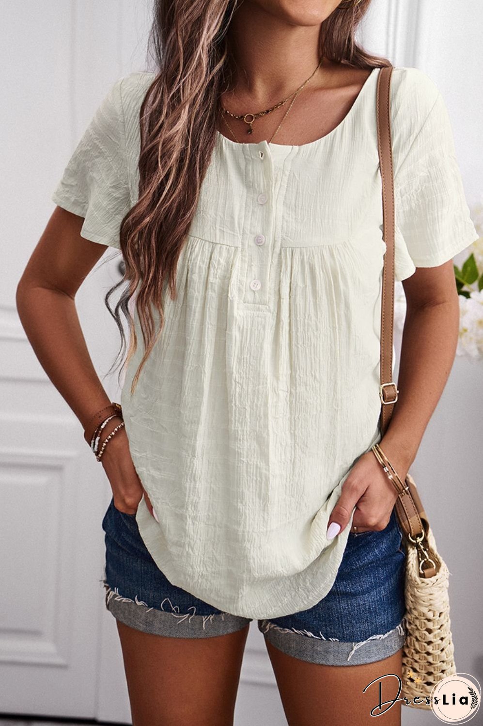 Quarter-Button Round Neck Short Sleeve Top