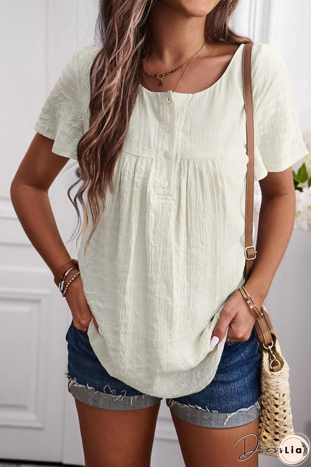 Quarter-Button Round Neck Short Sleeve Top