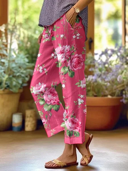 Women's Rose Floral Pattern Loose Casual Pants (With Pockets)