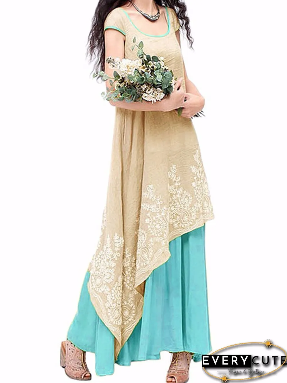 Vintage Floral Embroidered Sleeveless Two Layers Long Maxi Dresses