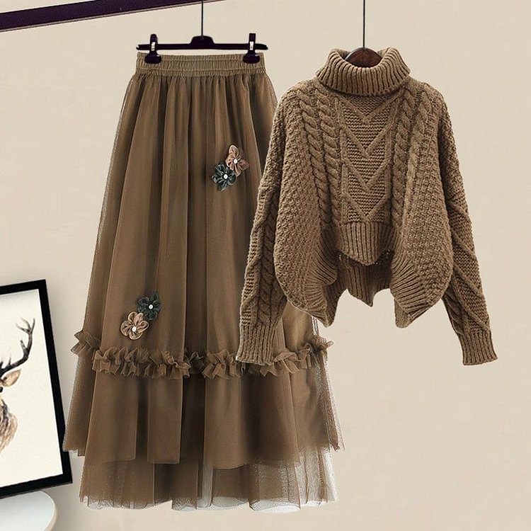 Turtleneck Sweater Blossom Decor Tulle Skirt Set - Modakawa modakawa