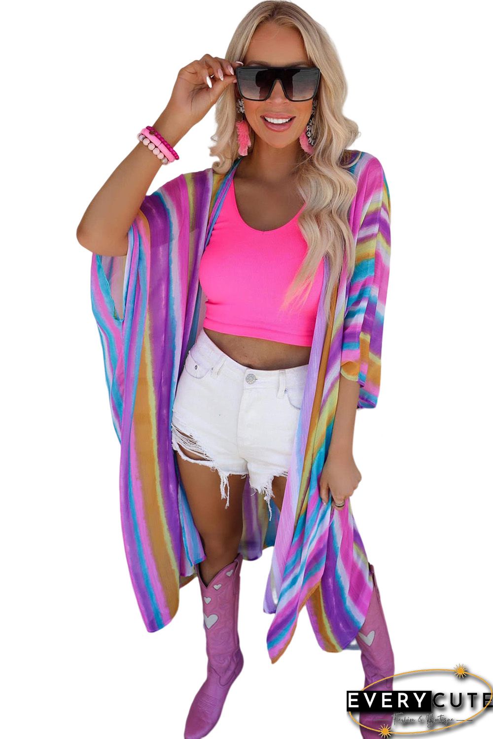 Multicolor Striped Print Oversized Kimono