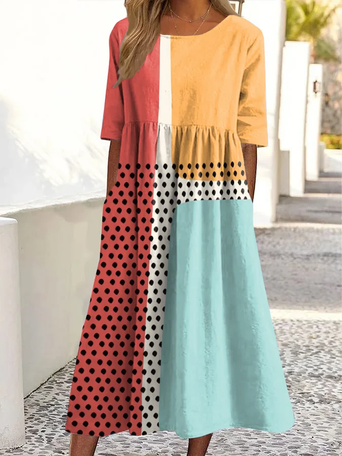 Vintage Abstract Art Print Round Neck Pocket Midi Dress