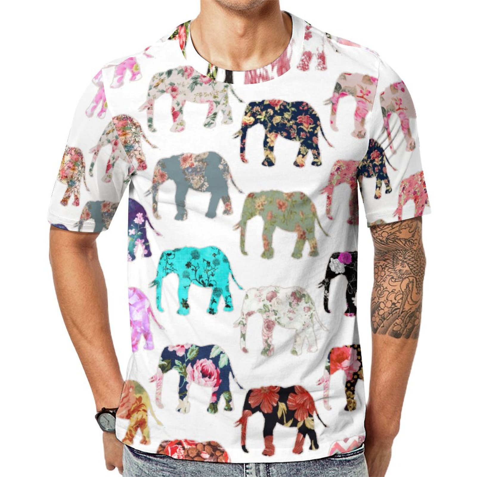 Girly Whimsical Retro Floral Elephants Short Sleeve Print Unisex Tshirt Summer Casual Tees for Men and Women Coolcoshirts