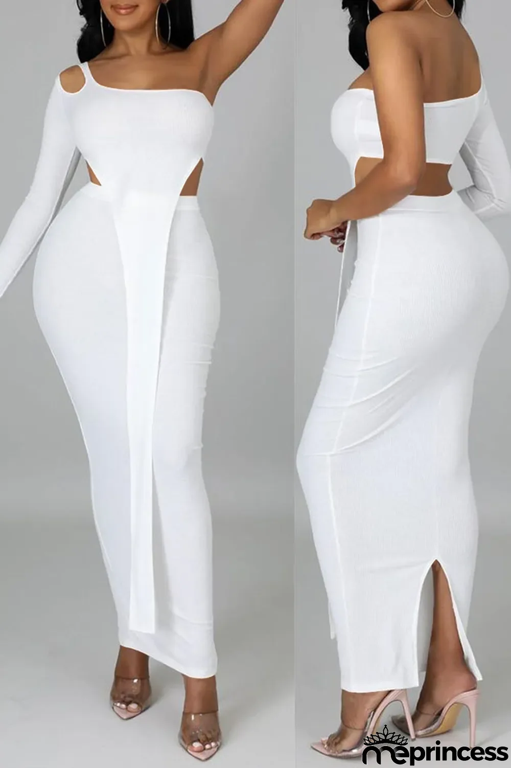 White Sexy Solid Hollowed Out Split Joint Asymmetrical Oblique Collar Long Sleeve Two Pieces