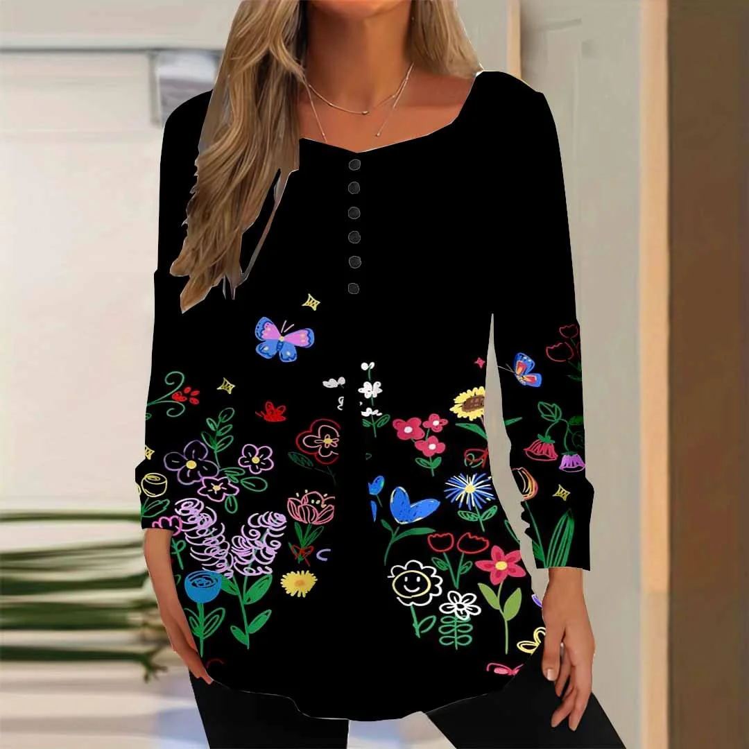 Women Graphic,Black DZGG8388 Long Sleeve Scoop Neck Printed Graphic Button Fake 2in1 Tops
