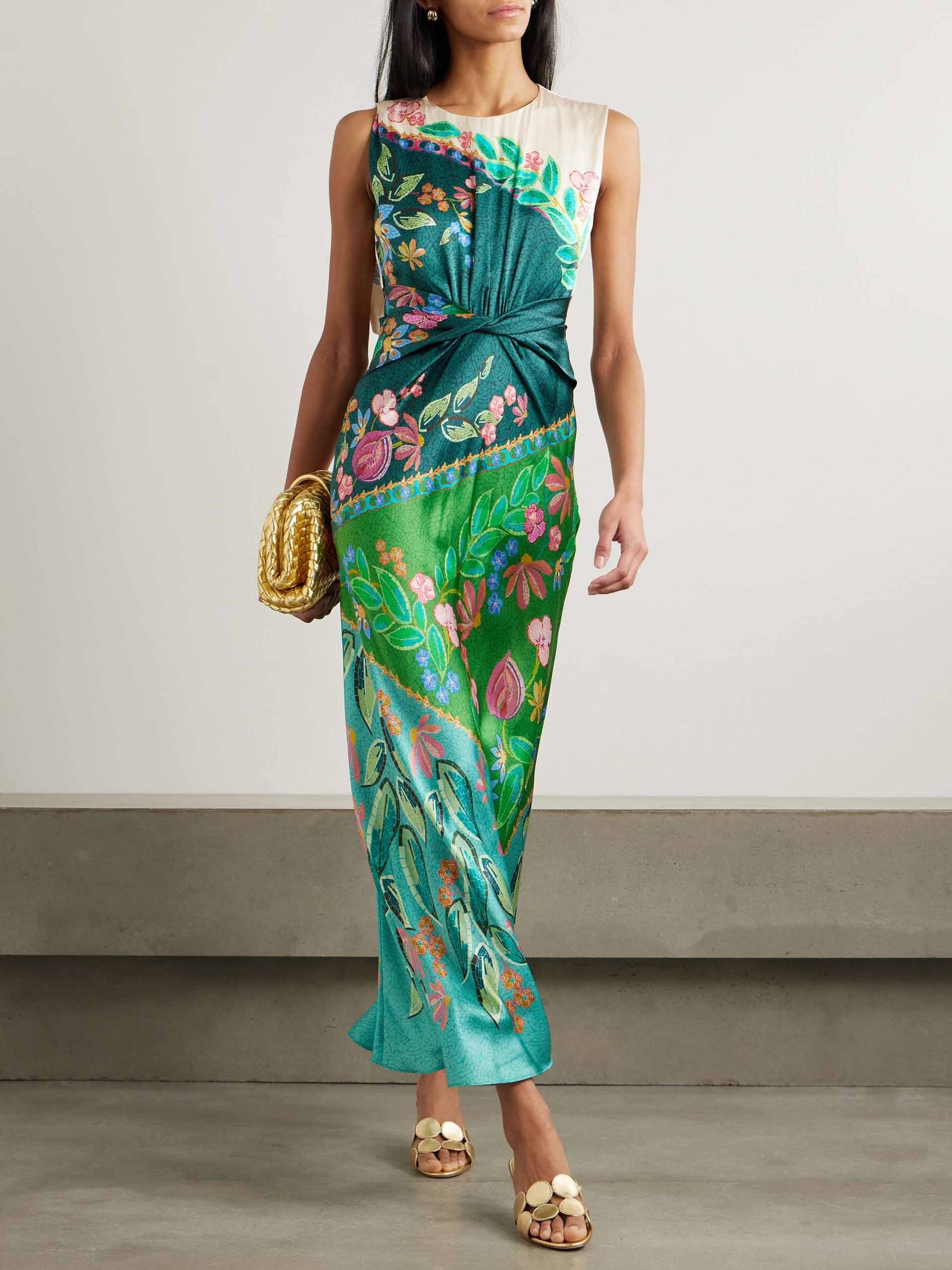Exquisite Twisted Draped Floral Print Maxi Dress