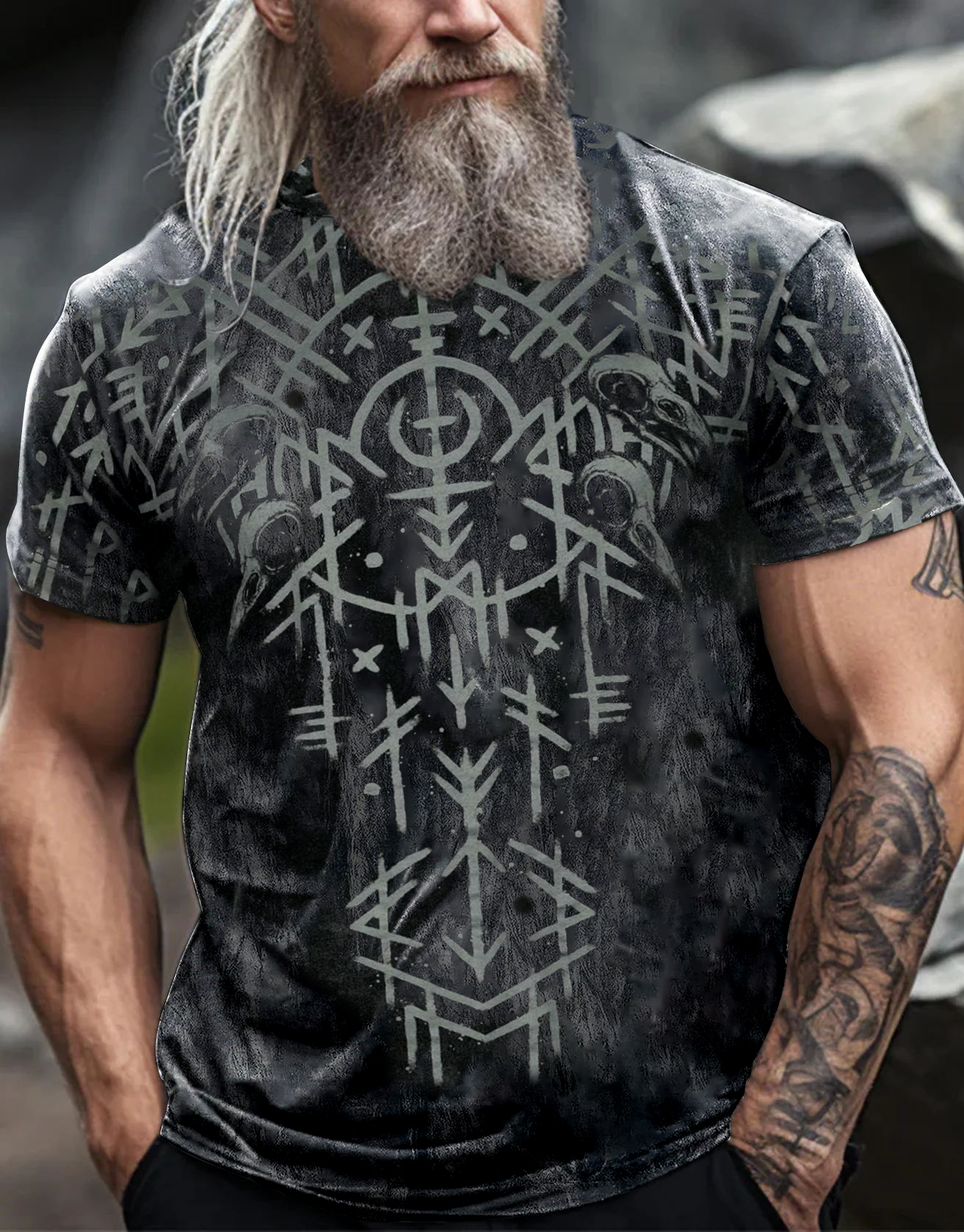 "Black Washed Viking T-shirt With Runes And Skulls / TECHWEAR CLUB / Techwear