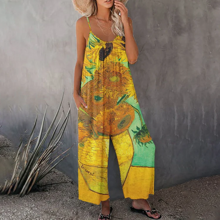 Comstylish Sunflower Print Loose Casual Jumpsuit