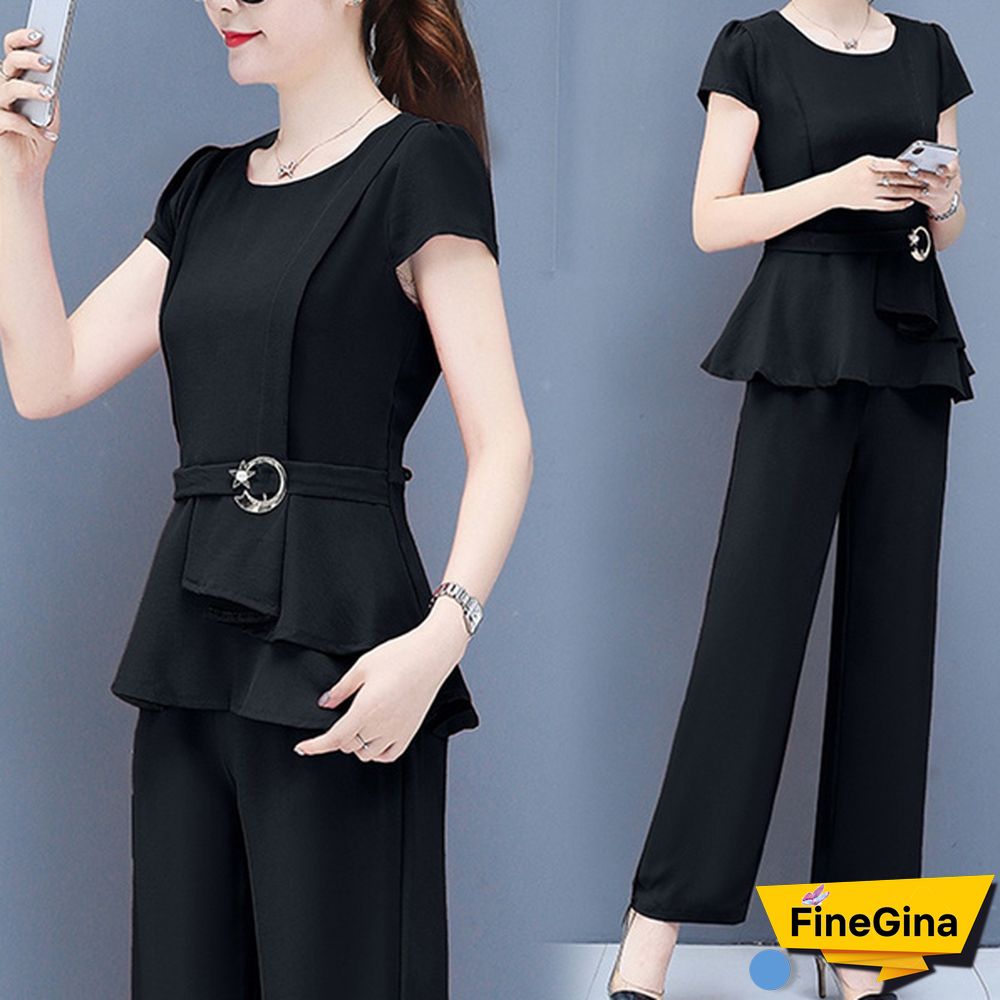 Summer 2 Two Piece Sets Outfits Women Plus Size Short Sleeve Tunics Tops And Pants Suits Office Elegant Korean Sets