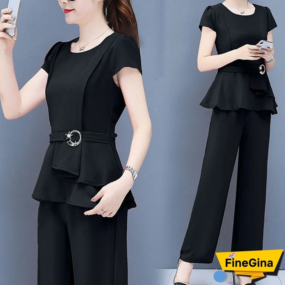 Summer 2 Two Piece Sets Outfits Women Plus Size Short Sleeve Tunics Tops And Pants Suits Office Elegant Korean Sets