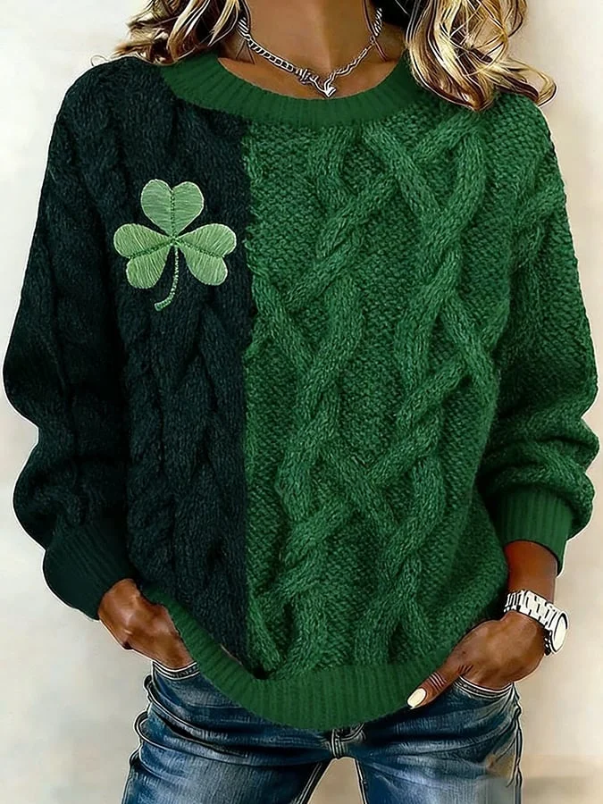 Women's St. Patrick's Day Print Knit Crew Neck Long Sleeve Top 