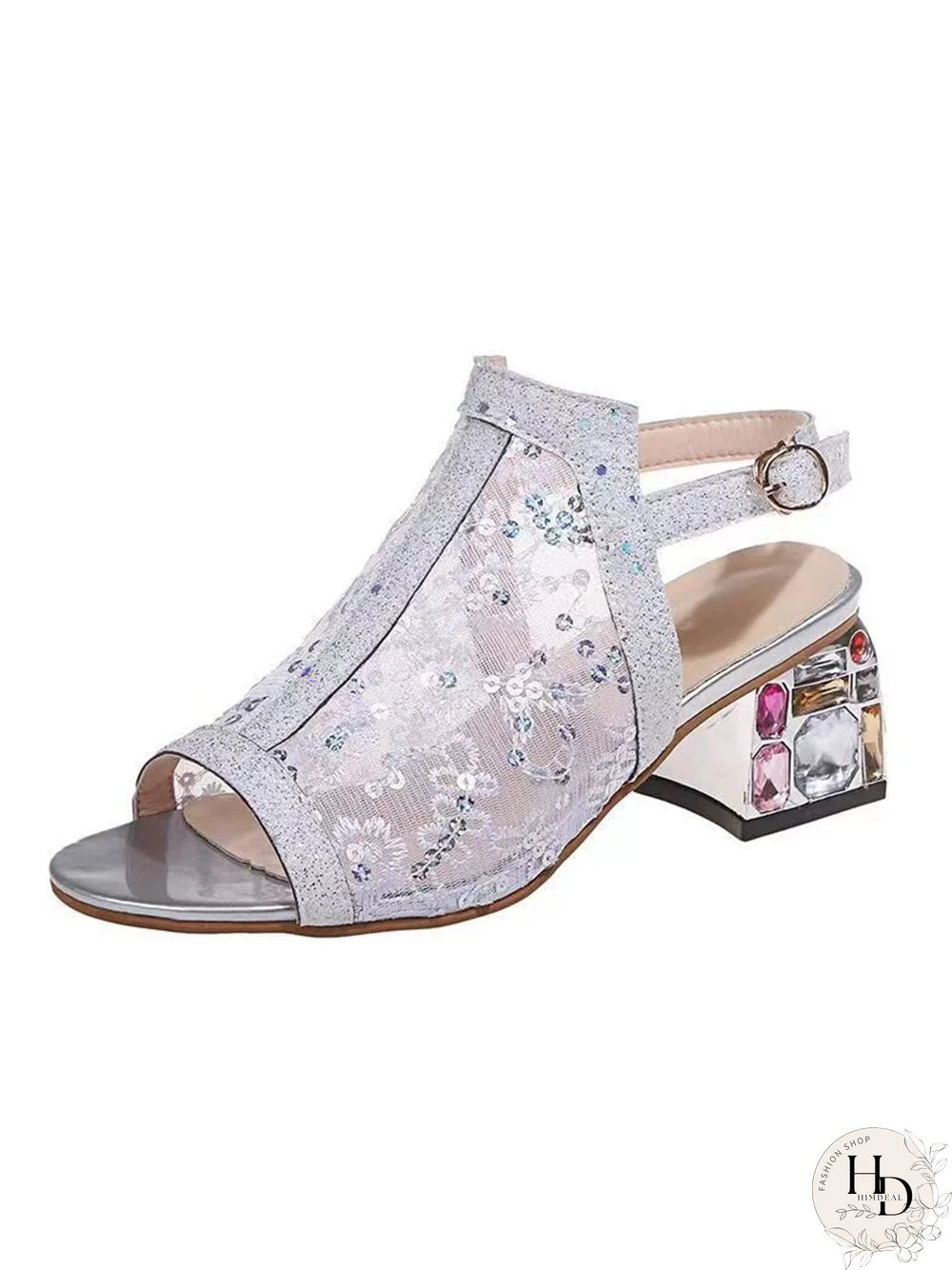 Mesh Sequined Fish Mouth Chunky Heel Sandals