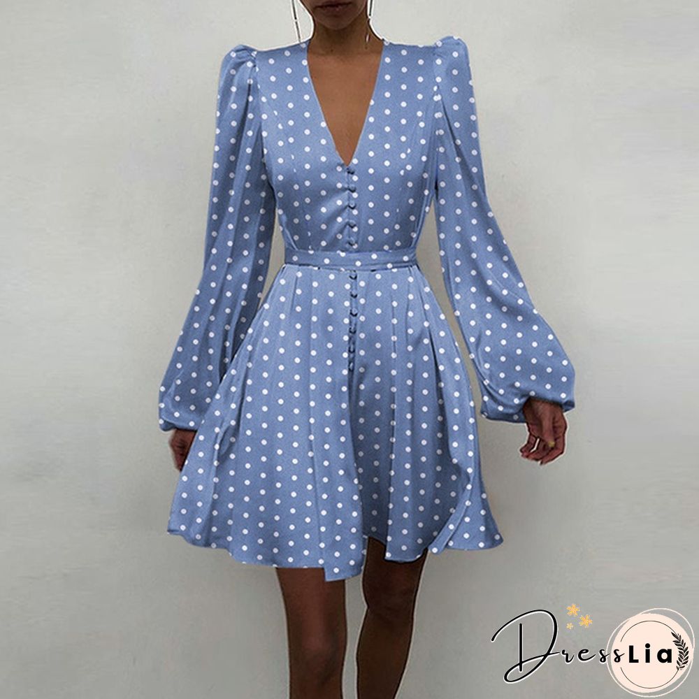 Autumn Spring Dresses Women Stain Silk Polka Dot Puff Long Sleeve V Neck Party Mini A Line Dress Plus Size