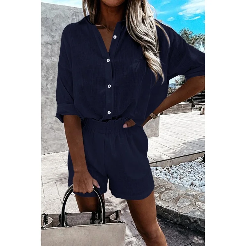 Summer Women Sets Celmia Lightweight Lapel Long Sleeve Shirt and Pleats Elastic Waist Short Suits Casual Cotton 2 PCS Short Sets