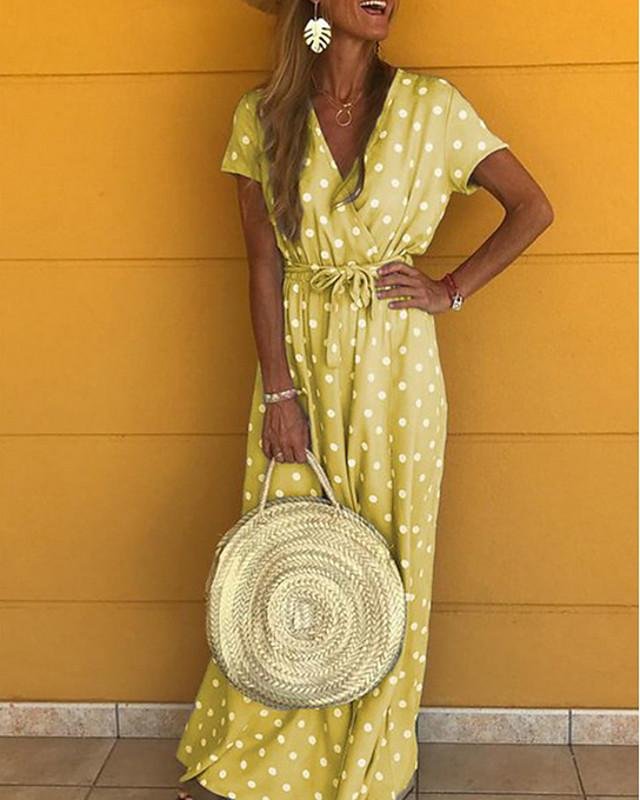 Women's Maxi long Dress Short Sleeve Polka Dot Print Summer V Neck Hot Yellow Blushing Pink Gray Light Blue S M L XL XXL - VSMEE
