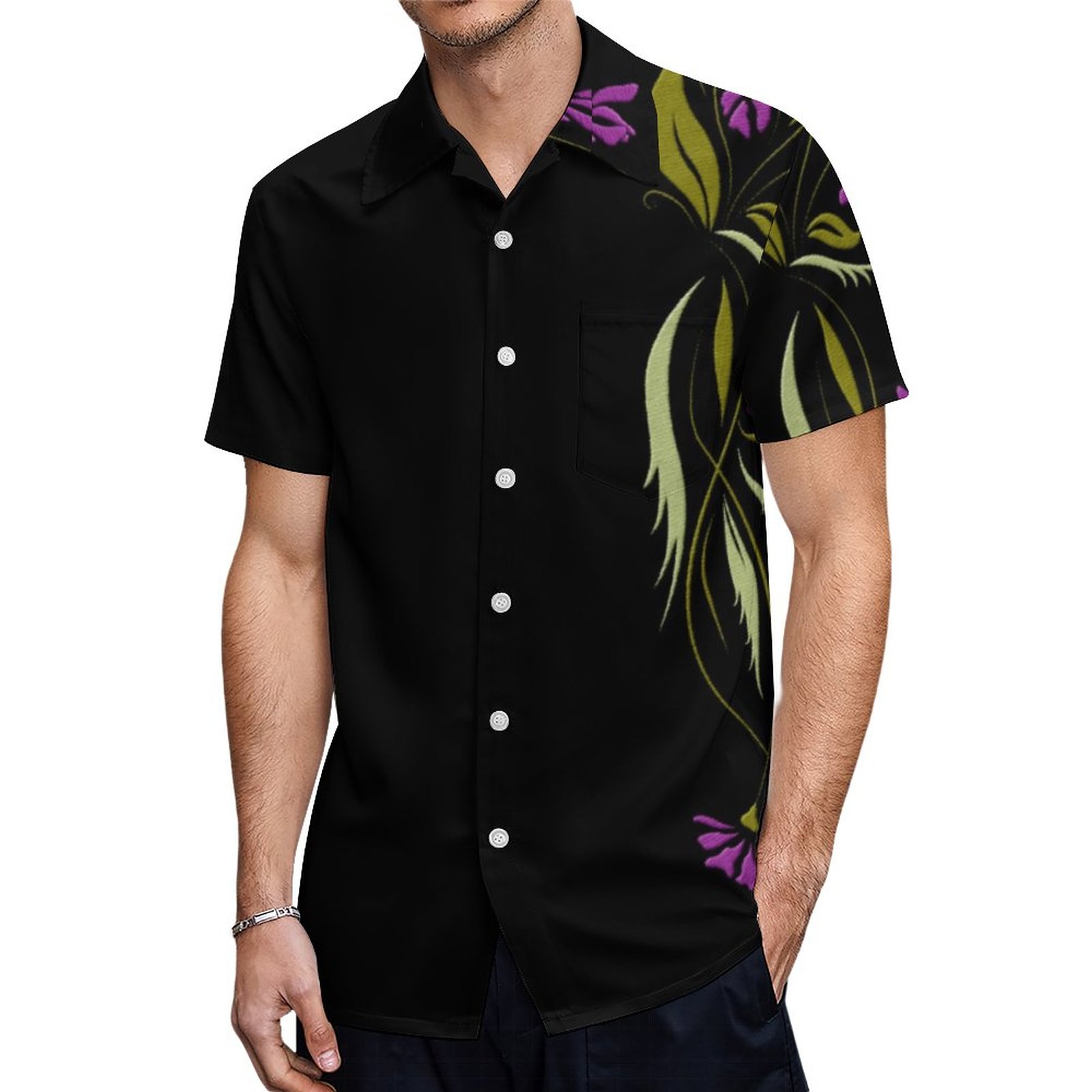 Purple Violets Floral Black Hawaiian Shirt Mens Button Down Plus Size Tropical Hawaii Beach Shirts