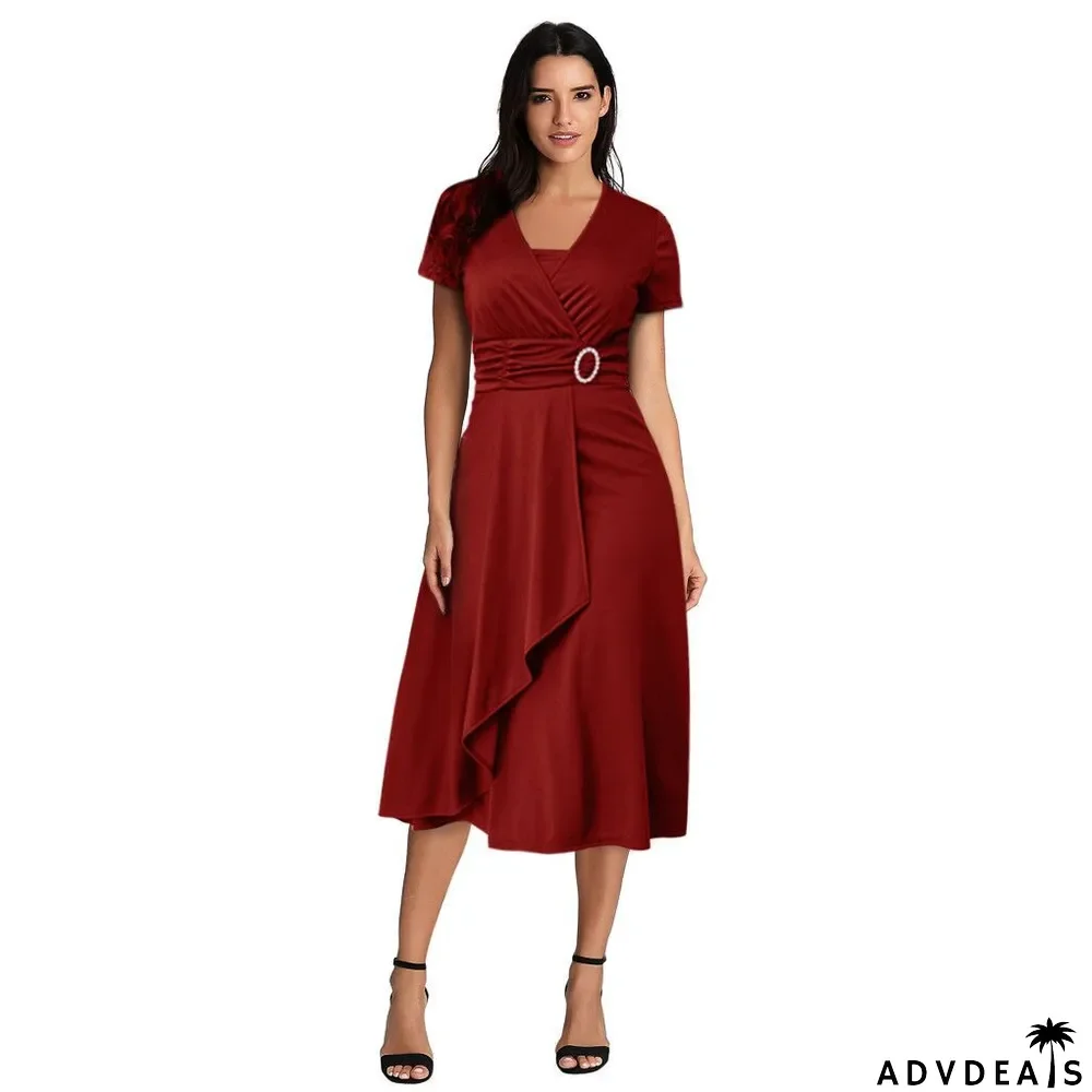Women Summer Solid V Neck Asymmetric Midi Dress