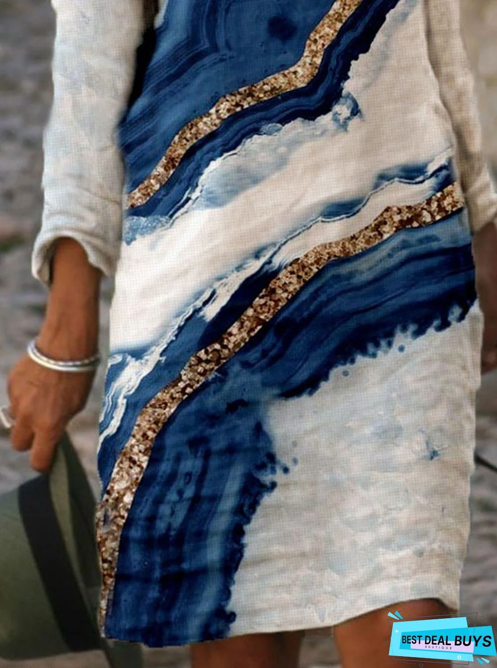 Color Block Printed Long Sleeve Casual V-Neck Shift Dress