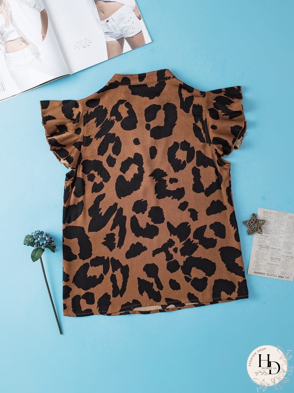 Leopard Print Split Neck Ruffle Sleeve Brown Blouse