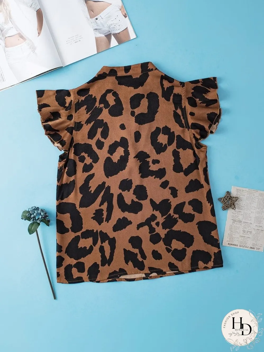 Leopard Print Split Neck Ruffle Sleeve Brown Blouse