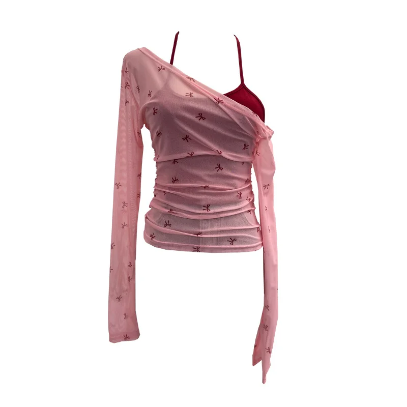 Uveng Fake Two Hanging Neck Sling Long-Sleeved T-Shirt Two Sets Of Thin Outer Sunshield Shirt Short Oblique Shoulder Coat 8861