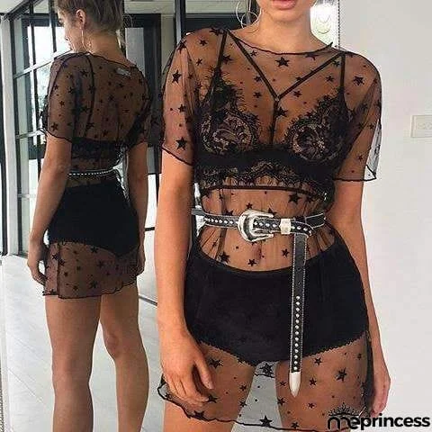 Black Stars Sheer Mesh Cover-Up T-Shirt Dress