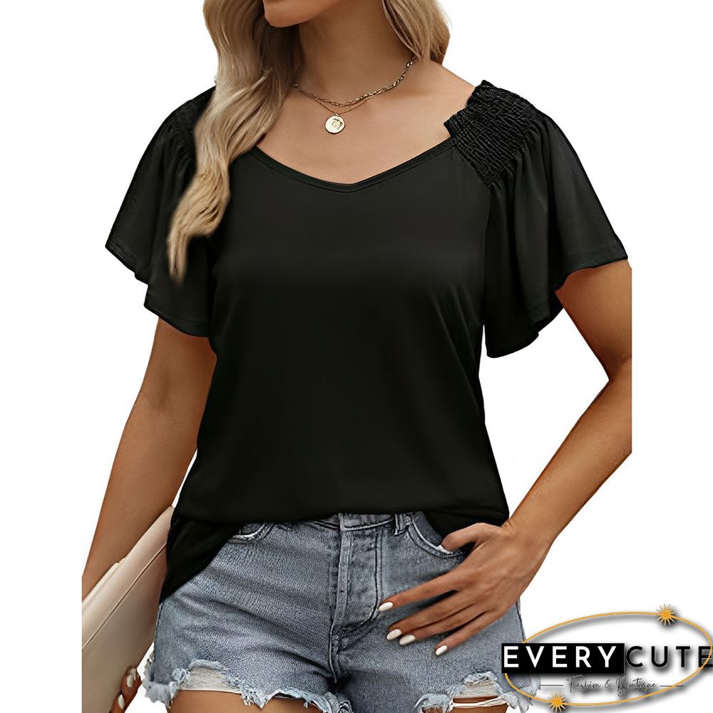 Black Pleated Short Sleeve Casual T-shirt