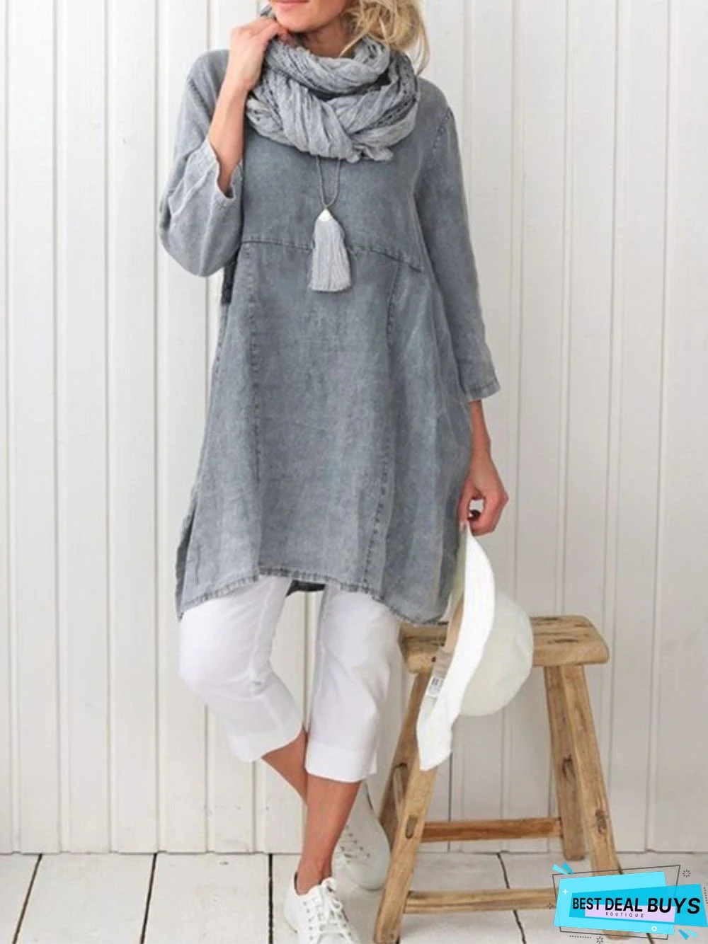 zolucky Plus Size Casual Plain Long Sleeve Linen Dress