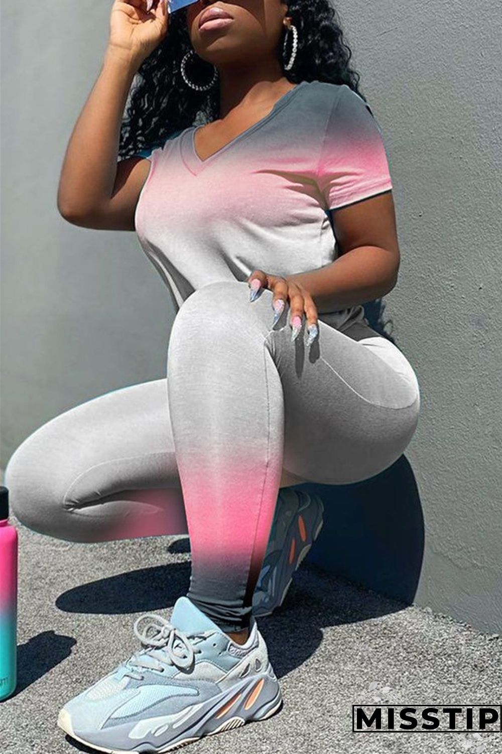 Blue Fashion Gradient Printed T-shirt Trousers Set