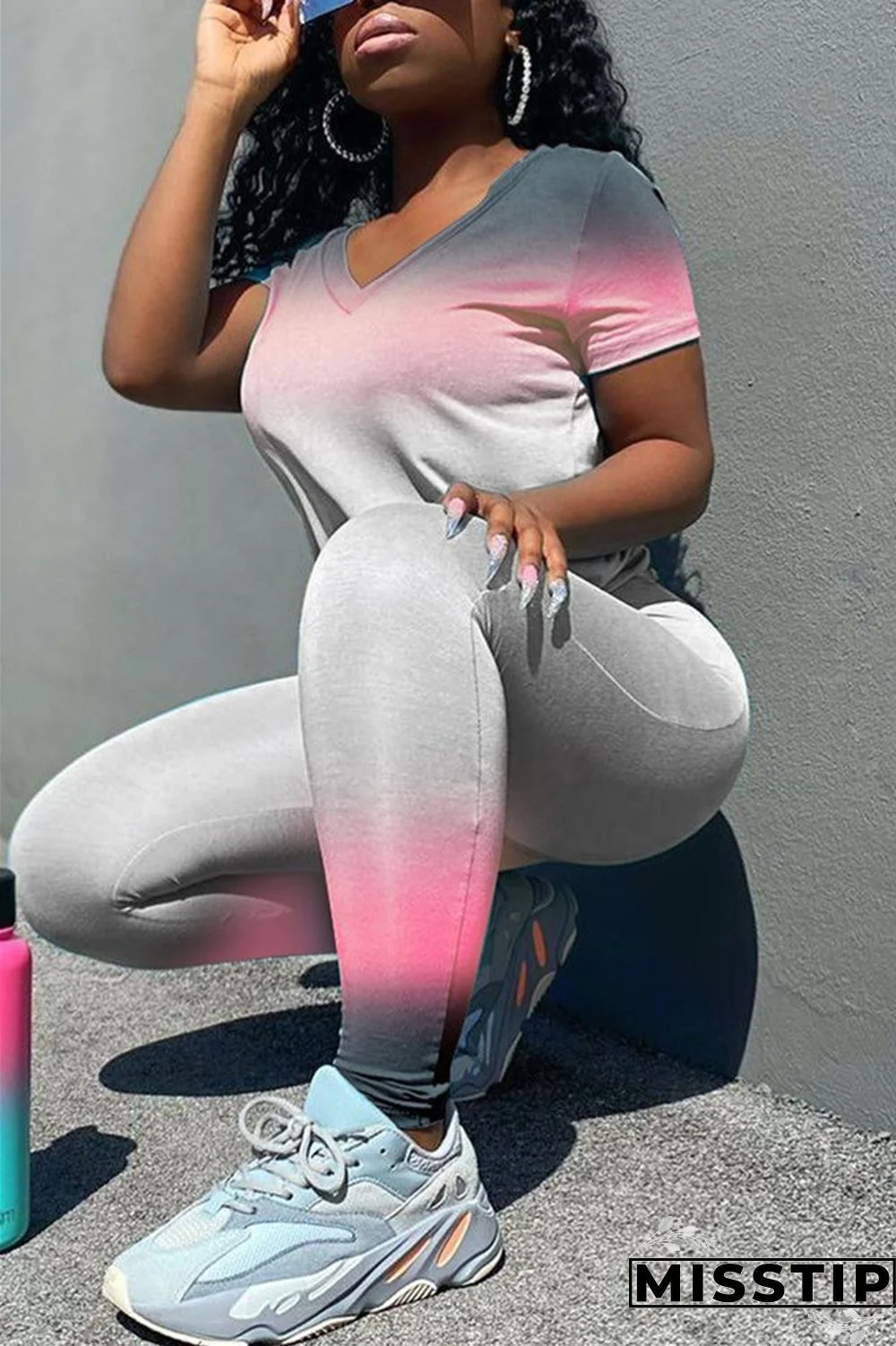 Blue Fashion Gradient Printed T-shirt Trousers Set