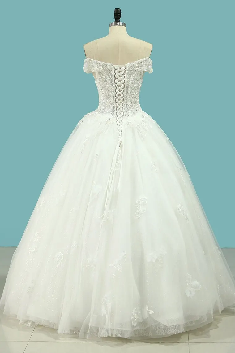 Charming A Line Off the Shoulder Tulle Wedding Dresses with Appliques       fg6433