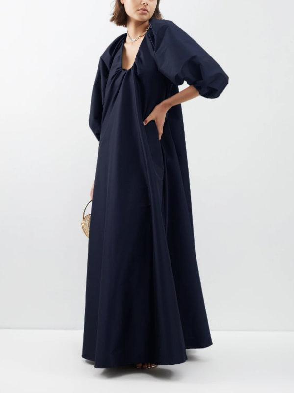V-Neck Solid Color Puffy Sleeves Loose Maxi Dress