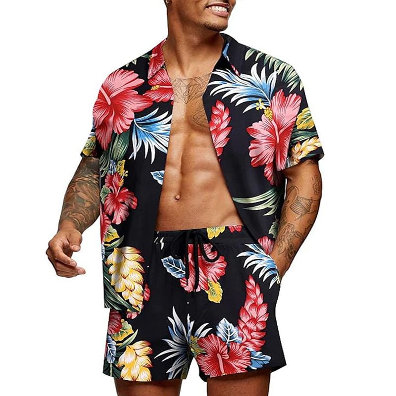 Men's Hawaiian Flower Shirt Beach Suit Shorts Two-piece Set